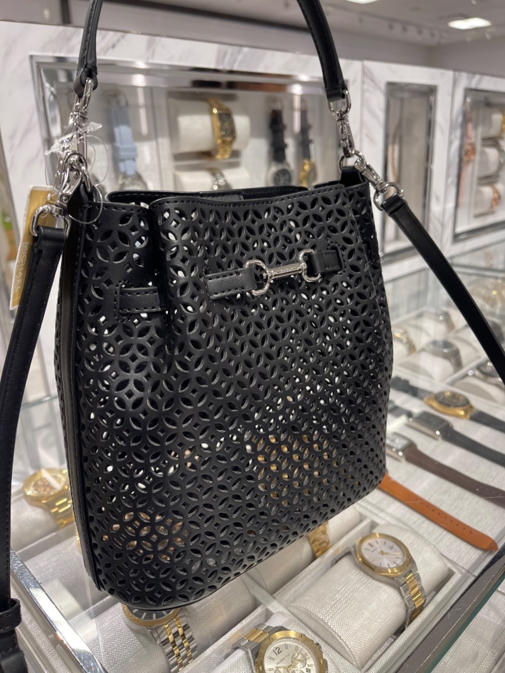 Carson Small Floral Laser Cut Bucket Crossbody Bag Black - Picture 13 of 13